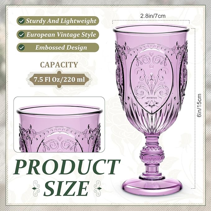 24 Pcs Plastic Goblets 7.5oz Vintage Goblet Plastic Wine Glasses Colored Retro Embossed Water Goblets for Wine Bar Juice Baby Shower Wedding Reception Grand Event Party (Purple)