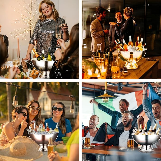 12L Silver Large Ice Bucket for Parties - 16"x16"x10" Huge Punch Bowl with Ladle - Stainless Steel Bucket for Cocktail Bar - Lightweight Champagne Bucket with Scoop