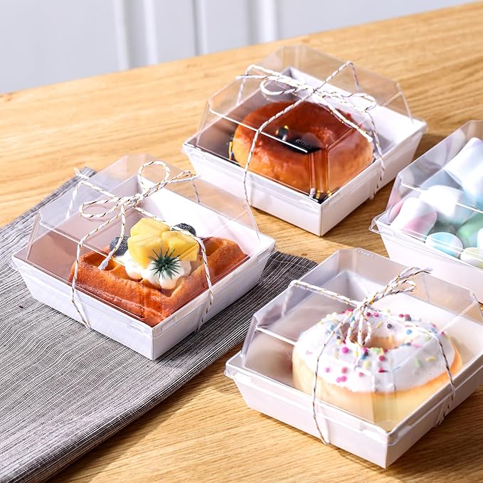Ctosree 100 Pcs Paper Charcuterie Boxes with Clear Lids 4.5 Inches Disposable Cake Square Dessert Container Bakery Boxes Bundle with Rope for Food Cake Slice Cookie Sandwich Dessert(White)
