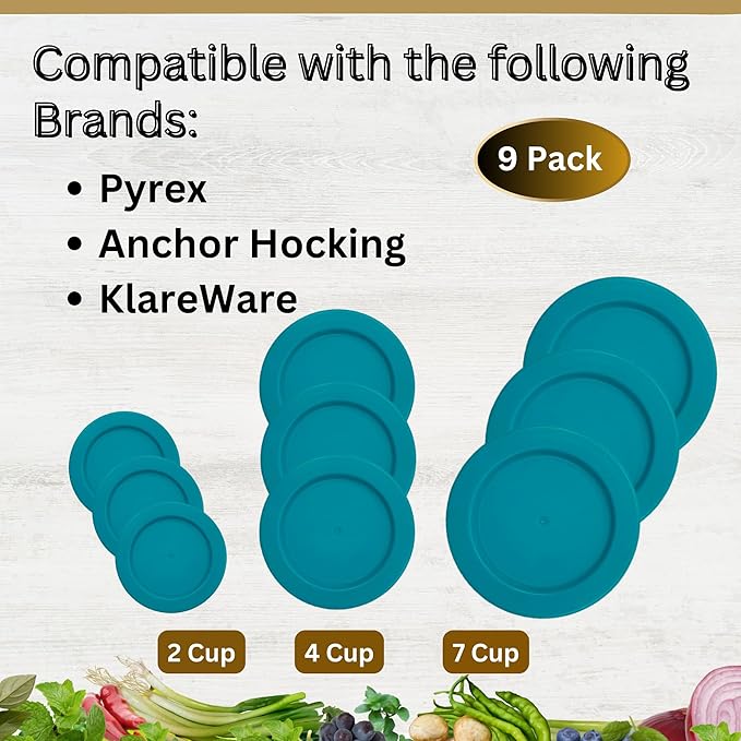 2, 4 & 7 Cup Turquoise Replacement Lids/Covers for Pyrex, Anchor Hocking & KlareWare Storage Bowls *Lids Only Glass Container Not Included* (9 Pack *Three of Each Size*)