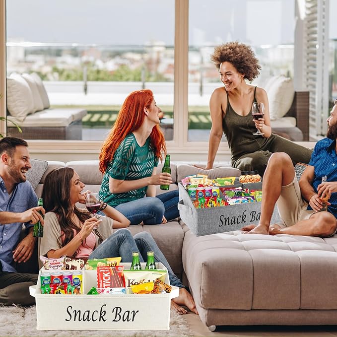 Snack Organizer for Countertop, 2 Pack Fabric Snack Container with Handles, 6 Compartment Snack Box Container Snack Basket, Snack Bar Station Decor, Kitchen Pantry Organizer and Storage