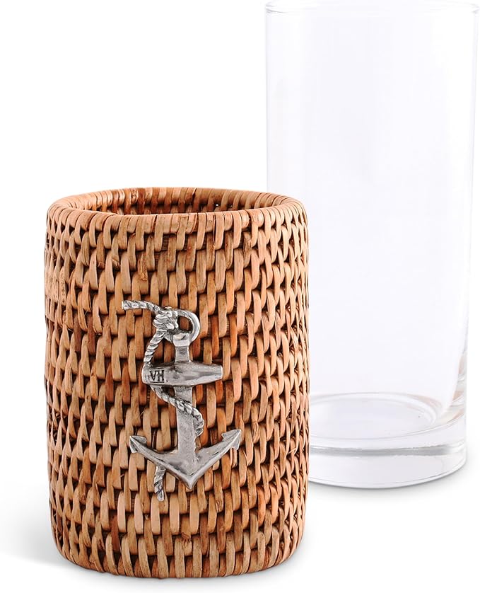 Vagabond House Set of 4 Tall Drinking Glasses with Hand Woven Rattan and Pewter Anchor Detail, Ideal for Water and Cocktails, Stylish Coastal Kitchen Accessory for Beach House Boating 6 Inches Tall