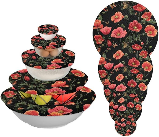 5 Pcs Bowl Covers Reusable in 5 Size Elastic Food Cover Cloth Lids Fresh Keeping Dish Cookware Bakeware Fabric Covers Lids for Food Leftovers Fruits Storage Black Poppy Butterfly