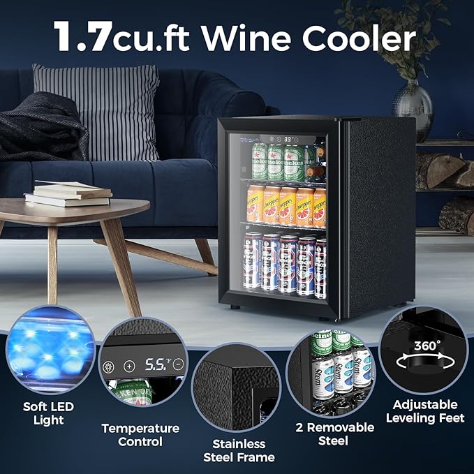 68 Cans Beverage Refrigerator Cooler, 1.7 cu.ft Mini Fridge Glass Door Drink Cooler for Beer, Soda,Wine, Digital Temperature Control for Home Office Bar