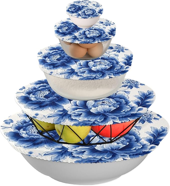 5 Pcs Bowl Covers Reusable in 5 Size Elastic Food Cover Cloth Lids Fresh Keeping Dish Cookware Bakeware Fabric Covers Lids for Food Leftovers Fruits Storage Blue and White Peony Flowers But