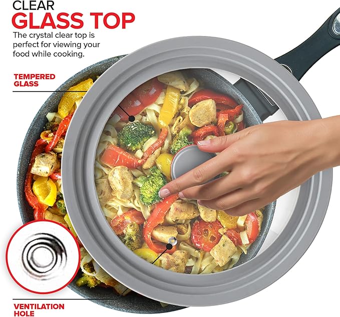 Modern Innovations Universal Lids (Set of 2) Fits 7 to 12-Inch Cookware, Silicone Replacement Pan Lid, Glass Top Covers for Skillets, Pots, Frying Pans, Cast Iron - Grey