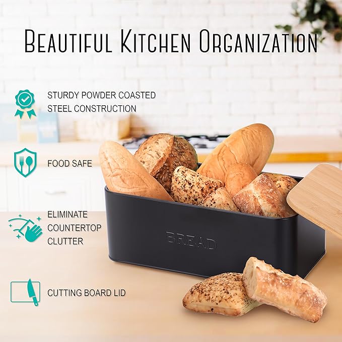 Black Bread Box, Rustic Bread Box, Vintage Bread Box for Kitchen Countertop, Bread Bin Black
