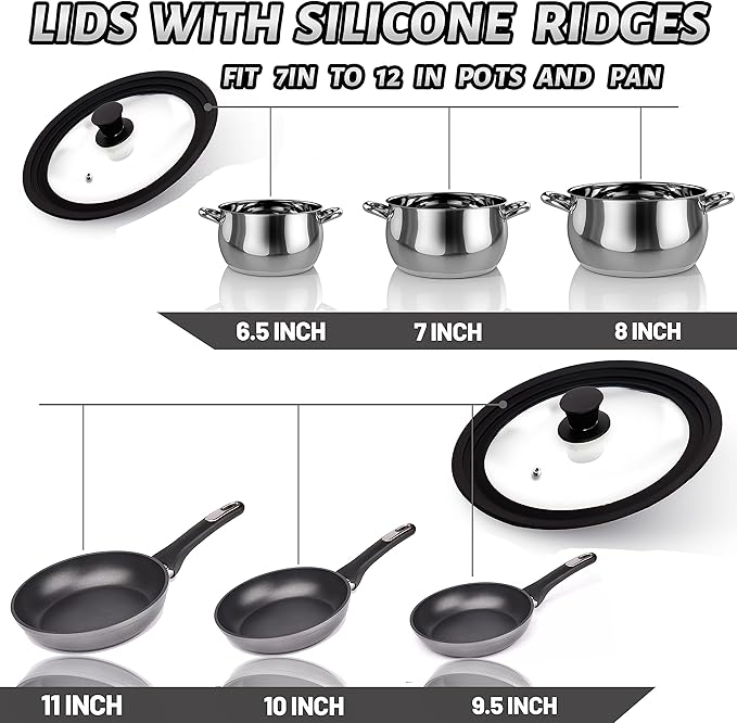 Tempered Glass Lid Set of 2 - Universal Lids with Heat Resistant Silicone Rim for Pots, Pans and Skillets - Pan Cover Replacement Lids Fit 6.5", 7", 8" and 9.5", 10", 11" Diameter Cookware