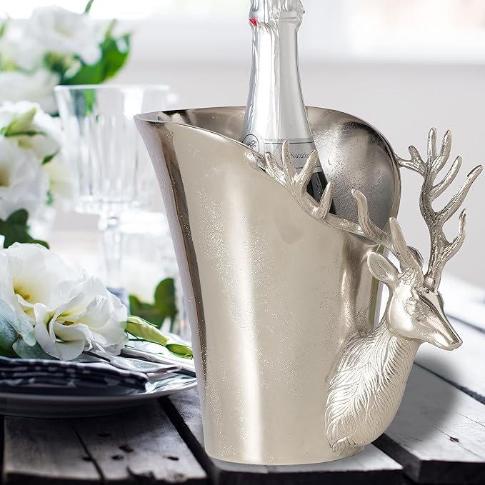 WHW Whole House Worlds Luxury Stag Head Champagne Bucket, Asymmetrical Flared Opening, Hand Cast, Silver Aluminum, Gleaming Polish, 9 Inches