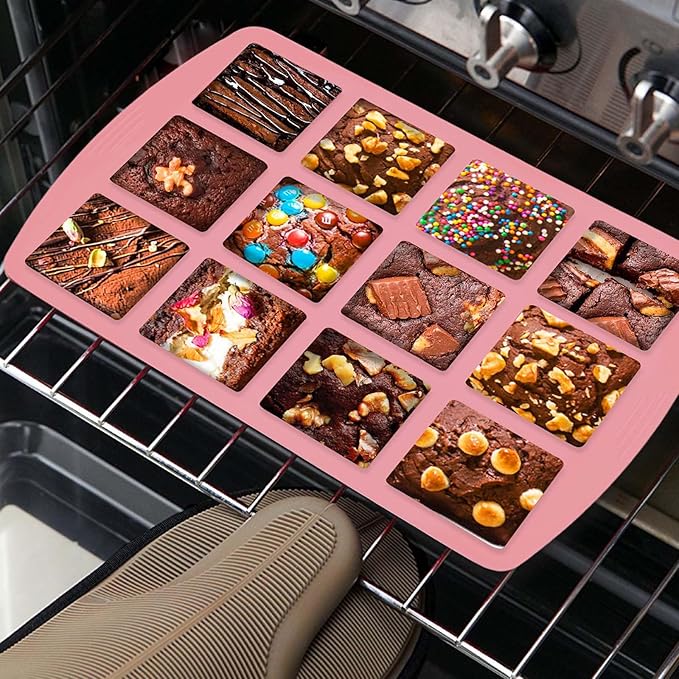 Brownie Pan,2Pcs Nonstick Silicone Bite Size Brownie Pan with Dividers,12 Cavity All Edges Brownie Pan,Non Stick Cake Baking Mold