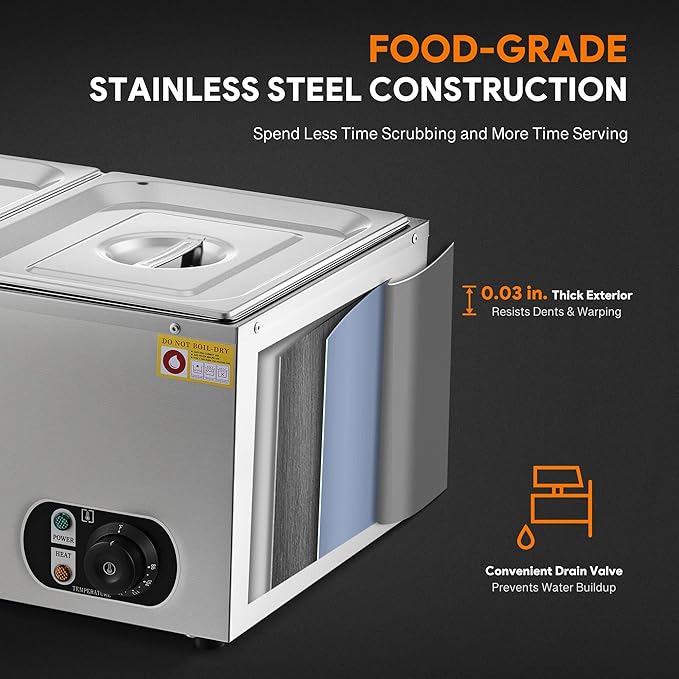 WILPREP Single-Well Commercial Food Warmer with Two 1/2 Pans, Electric Warmer for Food with Adjustable Temp. & Automatic Shutoff, Stainless Steel Food Heating Unit for Buffet Food Truck Hotel Catering