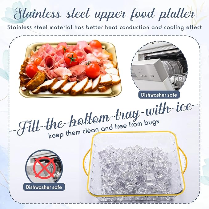 Baderke 6 Set 9" Chilled Serving Tray for Parties with Compartments Ice Chilled Party Platter Charcuterie Serving Board Cold Dish Dip with Forks Tongs for Fruit Seafood Vegetable Appetizer (Gold)