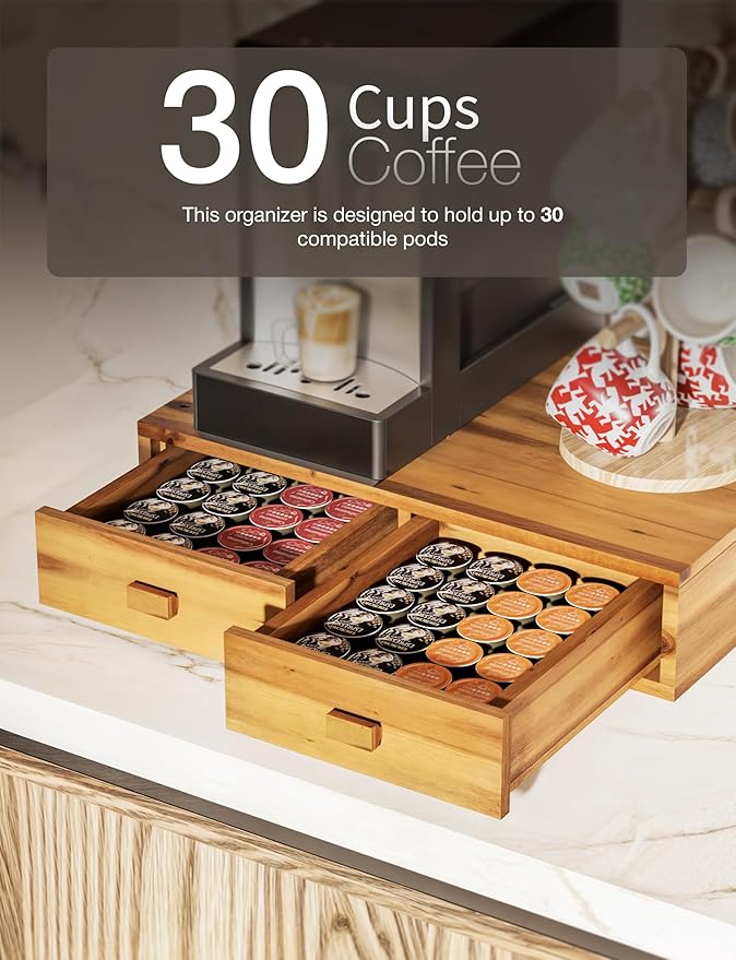 Tinamo Acacia Wood Coffee Pod Storage Box, Coffee Pods and Tea Organizer Holder, K Pod Drawer Coffee Maker Machine Stand, for K-Cup Drawer Organizer Under Brewer (Acacia, 2 drawer)