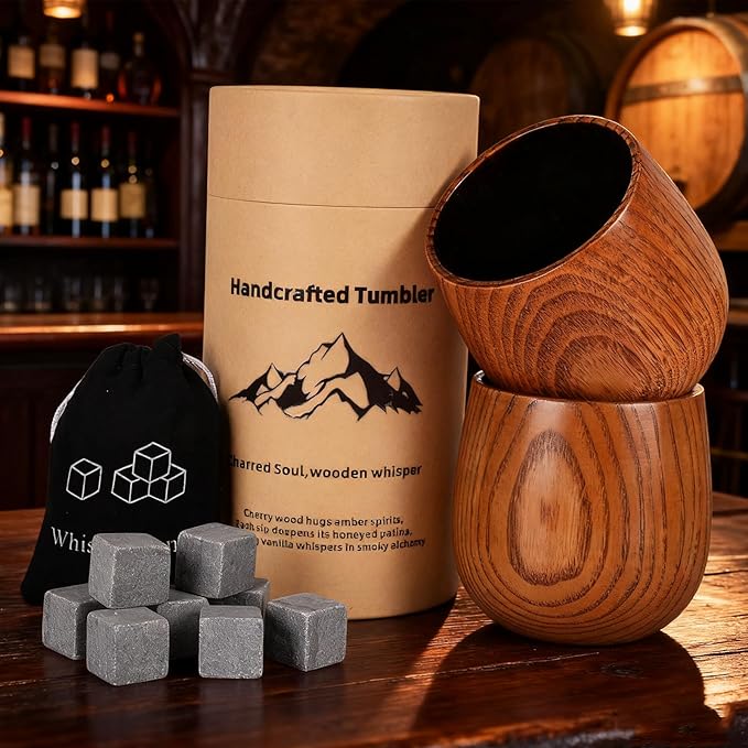 Veelgeluk Charred Whiskey Glass Wooden Bourbon Glass Handcrafted 10oz Whiskey Tumbler Old Fashioned Glass Great Whiskey Gifts For Men Husband Dad Brother Birthday Christmas Father's Day Retirement