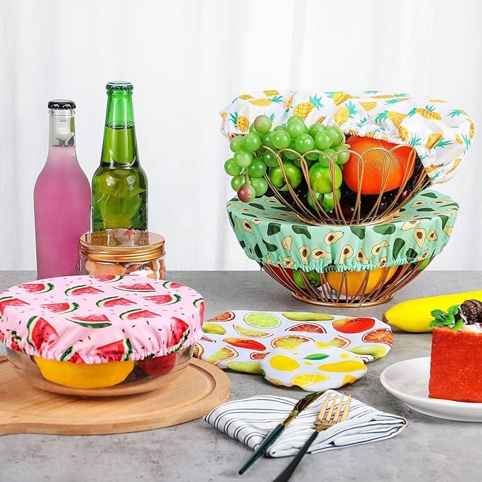 Patelai 10 Pcs Bowl Covers Reusable in 5 Size Stretch Cloth Fabric Elastic Food Storage Bowl Covers Bread Sourdough Lids for Proofing Food Fruits Leftover(Summer Style)
