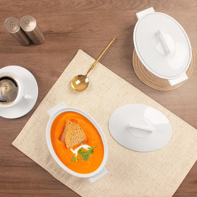 Casserole Dish 22 oz, French Onion Soup Ceramic Bakeware Set with Lids, Set of 2 Ceramic Mini Cocotte Set, Baking Dish with Lids and Handles, Microwave, Dishwasher, Oven Safe 8.3 Inch