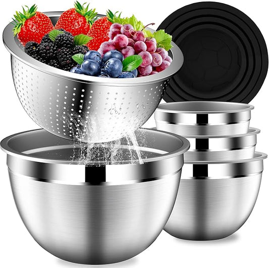 Mixing Bowls with Lids Set, Stainless Steel Mixing Bowls with Colander, Strainer with Mixing Bowl Set, Kitchen Gadgets Bowl Christams Gift, Size 4, 2.5, 2, 1.5QT - Black