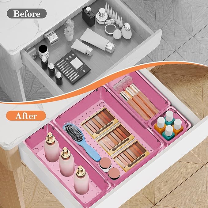 25 PCS Plastic Drawer Organizer Set, 4-Size Versatile Organizer Trays & storage Bins for Makeup, Jewelry, and Gadgets in Bathroom, Bedroom and Office, Clear Pink