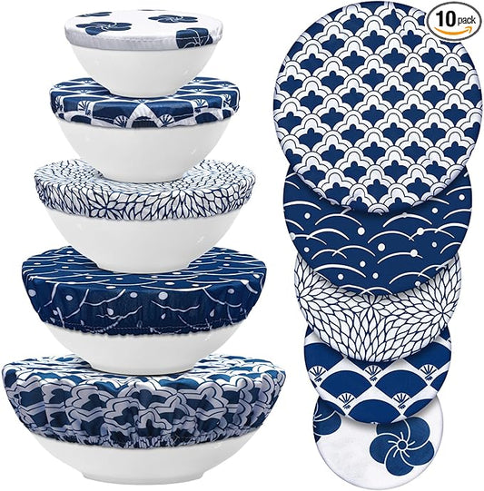 Patelai 10 Pcs Bowl Covers Reusable in 5 Size Stretch Cloth Fabric Elastic Food Storage Bowl Covers Bread Sourdough Lids for Proofing Food Fruits Leftover (Japanese)