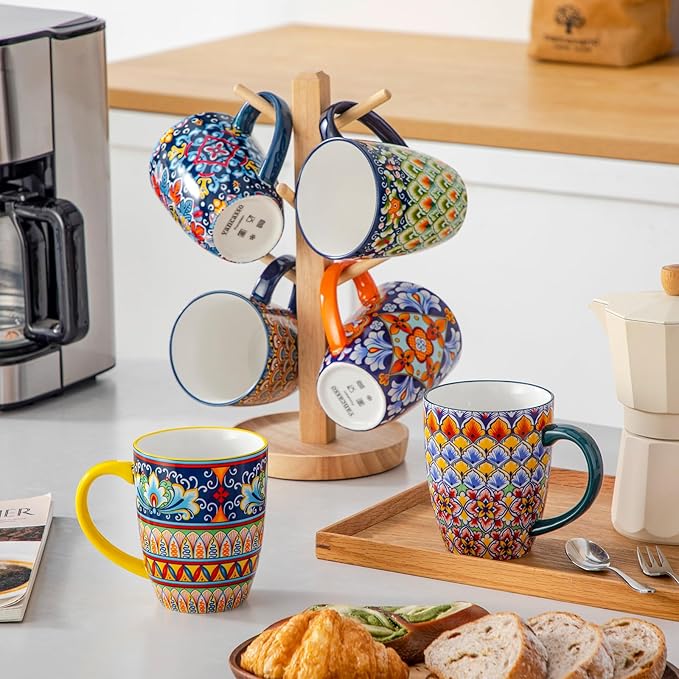 vancasso 16 oz Coffee Mugs Set of 6, Large Ceramic Mug with Handle, Boho Coffee Cups for Latte, Cappuccino & Hot Chocolate, Dishwasher & Microwave Safe Gift Set, Series SIMI