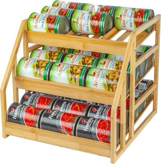 MinBoo Bamboo Can Rack Organizer, Kitchen Pantry Storage, 36 Can Capacity, Tilt Design