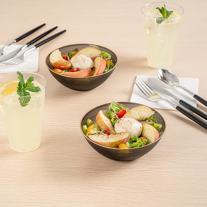 Restaurantware Plastic Bowls 100 Pcs 16 oz Gold Rimmed Disposable Soup Bowls Heavy-Duty Black Translucent Rippled Dinnerware Containers for Party, Desserts, Salads, Snacks, and Catering