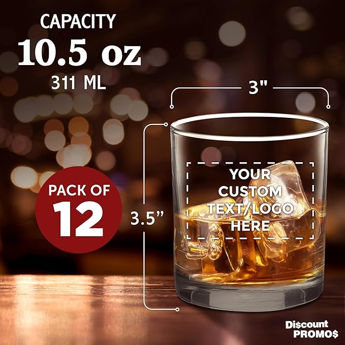Custom Lexington Rocks Whiskey Glass 10.5 oz, Set of 12, Personalized Bulk Pack - Perfect for Scotch, Bourbon, Whiskey, Cocktail - Clear