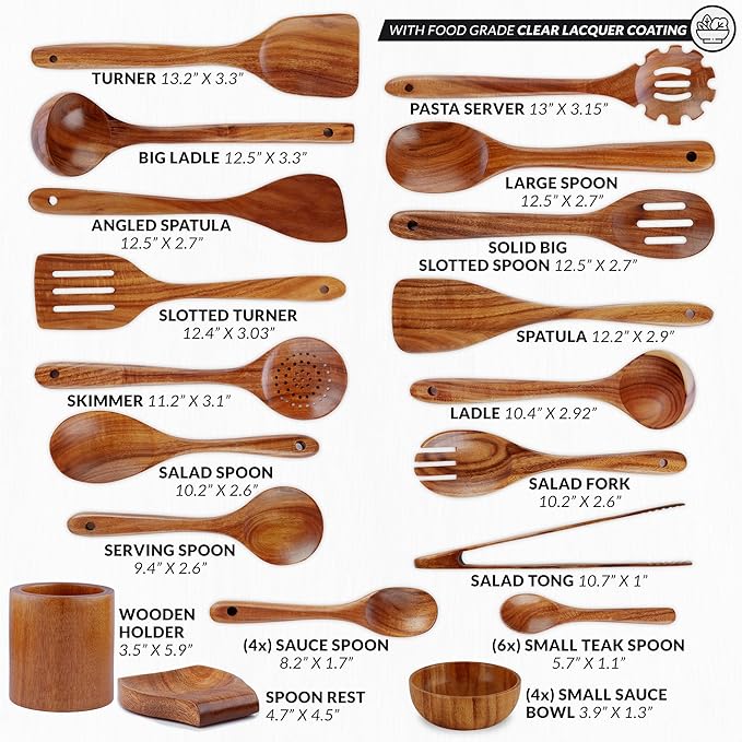 Zulay Kitchen 30-Piece Teak Wooden Utensils - Natural Teak Cooking Utensils with Premium Gift Box - Non-Stick Wooden Spoons - Kitchen Gift Set - Comfortable Grip