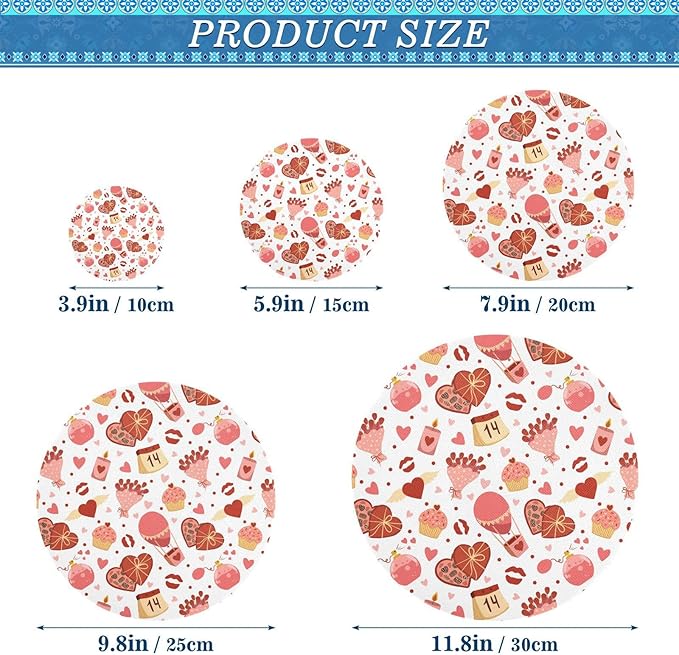 5 Pcs Bowl Covers Reusable in 5 Size Elastic Food Cover Cloth Lids Fresh Keeping Dish Cookware Bakeware Fabric Covers Lids for Food Leftovers Fruits Storage Valentine Romantic Love Flowers
