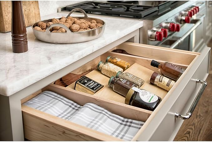 Rev-A-Shelf 22" 3 Tiered Seasoning Organizer, Trim-to-Fit Wooden Kitchen Draw and Cabinet Home Storage Insert, Pull Out Spice Rack, Maple, 4SDI-24