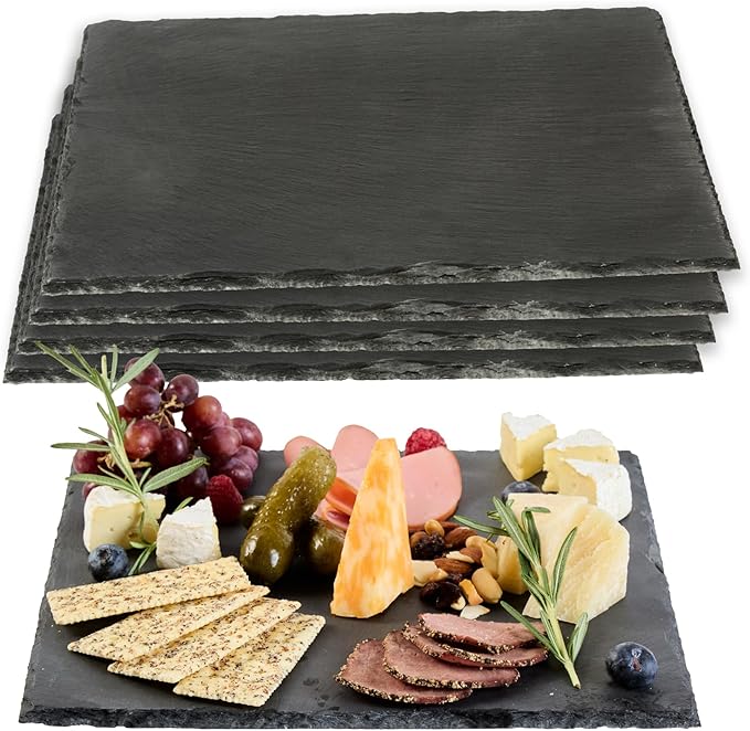 Restaurantware Slate Serving Trays 4 Pack of 12 x 12" Foam Feet Charcuterie Stone Plates Rustic Edges Freezable Black Square Serving Display Cheese Boards for Kitchen, Gourmet, Dining, Parties