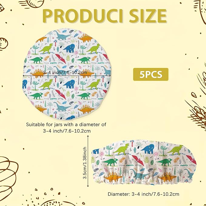 Sourdough Starter Jar Covers,5-Pack Reusable Cartoon Dinosaur Dino Cloth Lids for 3-4 Inch Jars,Ideal for Kombucha Kefir or Cheese Fermentation