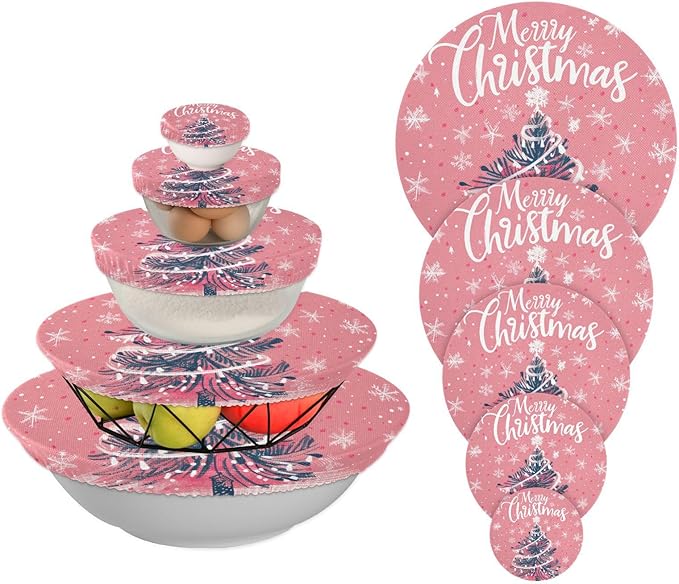 5 Pcs Bowl Covers Reusable in 5 Size Elastic Food Cover Cloth Lids Fresh Keeping Dish Cookware Bakeware Fabric Covers Lids for Food Leftovers Fruits Storage Pink Christmas Tree