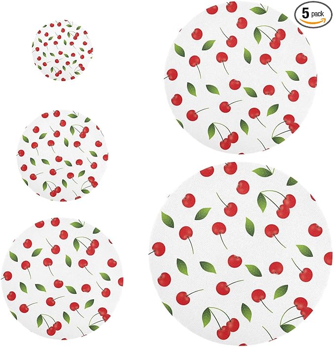 5 Pcs Bowl Covers Reusable in 5 Size Elastic Food Cover Cloth Lids Fresh Keeping Dish Cookware Bakeware Fabric Covers Lids for Food Leftovers Fruits Storage Cherries Fruit White