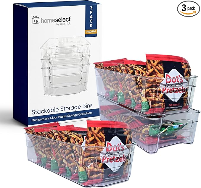 3 Pack Stackable Storage Bins - Plastic Storage Containers for Fridge, Pantry, Freezer, Closet & Kitchen, Clear Fridge Organizer Bins Ideal for Breastmilk, Baby Pouches & Formula Bottles | Medium