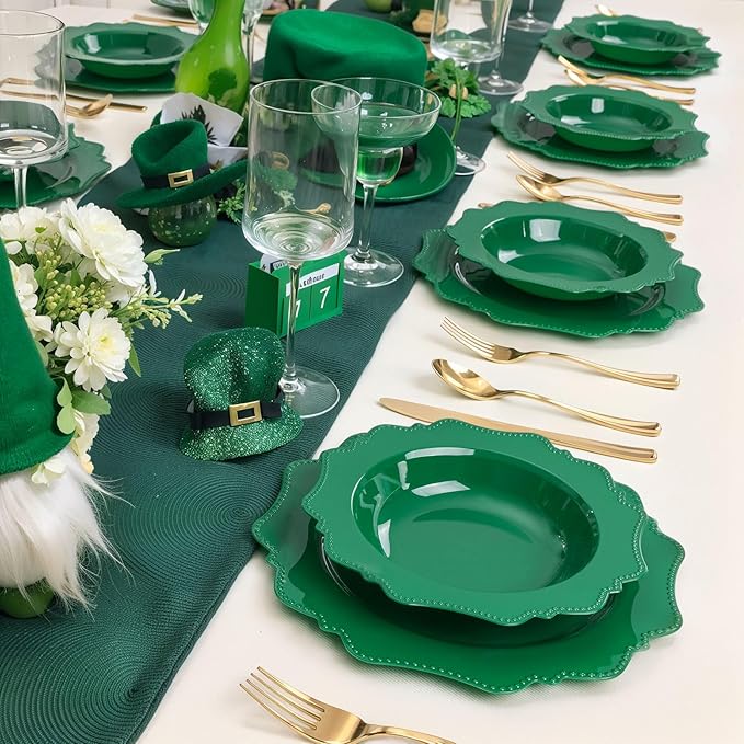 COLOSUS 60 Pack Green White Plastic Bowls, 12 oz Disposable Soup Bowls, Premium Plastic Dinner Bowls,Heavy-duty Dessert Salad Bowl for Party, Wedding, Dinner, Christmas, Thanksgiving, and Catering