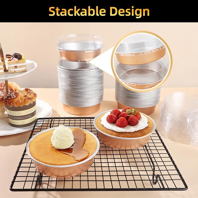 Beasea Mini Ramekins with Lids, 120 Pack 4 Inch 8oz Disposable Creme Brulee Tart Pie Tins Rose Gold Small Aluminum Foil Cake Baking Tins Pans Individual Round Containers Oven Safe for Baking