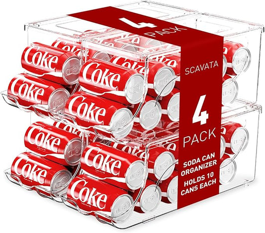 4 Pack Stackable Refrigerator Organizer, Soda Can Dispenser Pop Cans Container Beverage Holder with Lid for Fridge, Freezer, Kitchen, Clear Plastic Storage Bins-Holds 10 Cans Each -Transparent