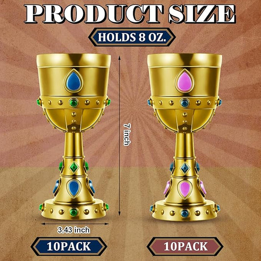 Suclain 20 Pcs Medieval Molded Crown Goblets 8 oz Gold Jeweled chalice Vintage Plastic Goblet King Queen Party Chalice Medieval Party Decorations for Carnival Drinking Supplies