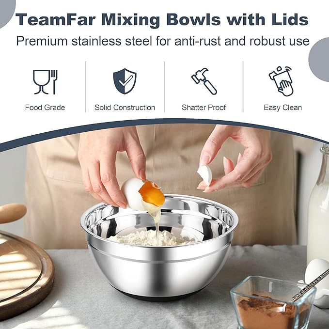 TeamFar Mixing Bowls, Black Mixing Bowls with Lids Set, Stainless Steel Nesting Salad Bowl with Air-tight Lid & Silicone Bottom, Non Slip & Stackable - Set of 6-4.6/2.6/2 / 1.5/1 / 0.7 Qt