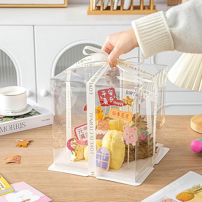 5 Pcs, 12'x12'x11' inch Food Grade Clear Plastic Display Boxes, 29.4 x 29.4 x 25 cm with Ribbon, for Cakes, Bakeries, Desserts, Birthday, Christmas and Thanksgiving