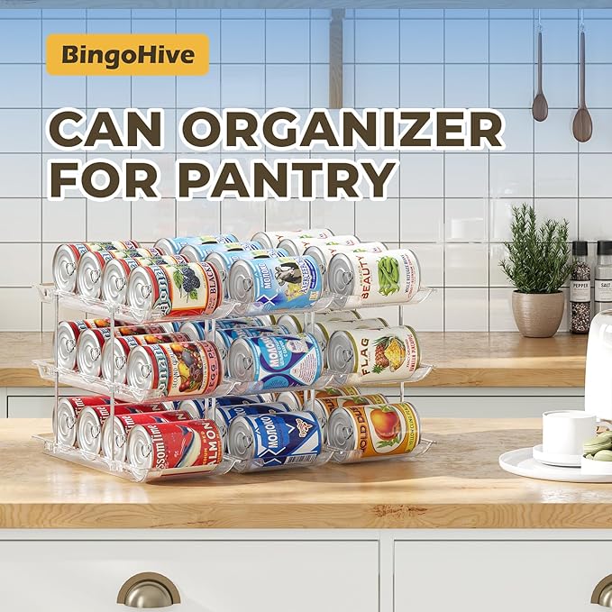 Stackable 3 Tiers Can Organizer Pantry, Canned Food Holder for Fridge Holds 36 Cans, Free Combination & Automatic Rolling, Space Saving Storage for Refrigerator Kitchen Pantry, Clear