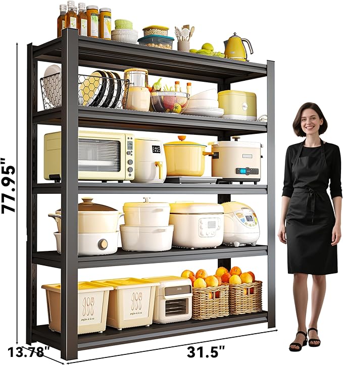 【Five Tier Kitchen Heavy Duty Shelves】 77.95×31.50×13.78 inches Commercial Grade Load Bearing Oil and Rust Resistant Adjustable Tier Height Multi-Functional Storage Shelves