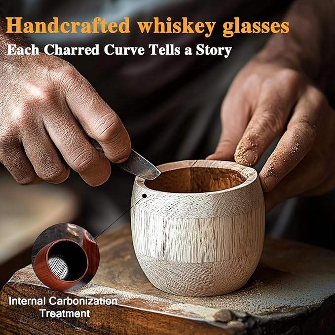 Charred Wooden Bourbon Drinking Glass- Bourbon Gifts for Men, Handcrafted Whiskey Glasses, Wooden Old Fashioned Glass,Unique Whiskey Gifts for Men, Dad, Husband or Bourbon Lovers (1 Pack)