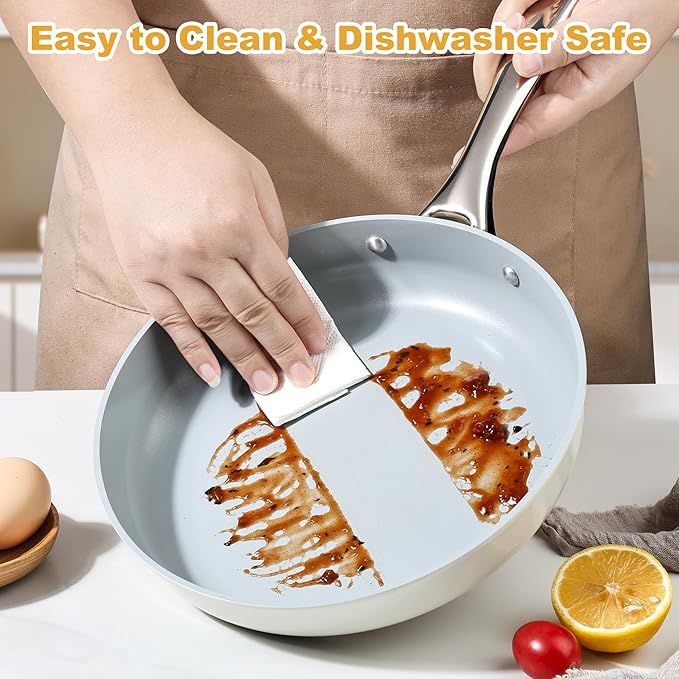 Non Stick Frying Pan, 8" Ceramic Skillet, Non Toxic Omelette Egg Pan, PFAS & PTFE & PFOA Free with Stainless Steel Handle, Dishwasher & Oven Safe, White