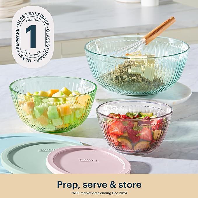 Pyrex Colors Tinted (3-Pack, Full Set) Sculpted Tinted Glass Mixing Bowls With Lids, Nesting Space Saving Set of Bowls For Prepping and Baking, 1.3QT, 2.3QT & 4.5Q, Aqua