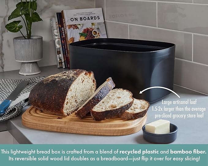 Sonder Los Angeles, Modern Bamboo Fiber and Recycled Plastic Bread Box (Black) for Kitchen Countertop with Reversible Bread Board Wood Lid 14.25 x 9.25 x 7 in