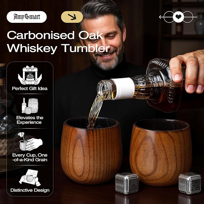 Handcrafted Wooden Whiskey Glass with Gift Tube – Charred Old Fashioned Glass,Charred Bourbon Drinking Cup | Unique Whiskey Gift for Men, Dad, Husband, Friends, Birthday & Holiday (1 Pack Charred)