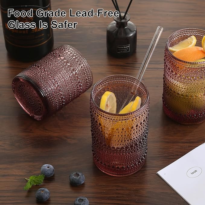 Vintage Hobnail Drinking Glasses Set of 8,Purple 12 oz & 15oz Highball Glass Cups, Kitchen Drinkware Glassware,Embossed Water Tumbler,for Beer,Cocktail,Whiskey,Juice and Various Mixed Drinks