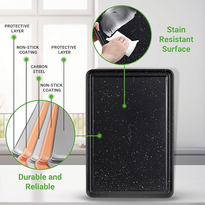 NutriChef 8-Piece Stackable Bakeware Set - Carbon Steel Non-Stick Baking Pan Set, Sheet, Muffin, Round, Loaf, Square Cake & Deep Pans, 450°F Heat Resistant, Standard & Convection Ovens (Black Marble)